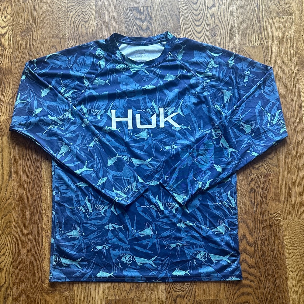 Huk Navy and Teal Leaf Pattern Shirt